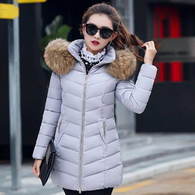 Chaqueta de plumón con cuello de piel sintética Midi para mujer de invierno M-6XL - Gris plateado Hugo Chaqueta de plumón para mujer