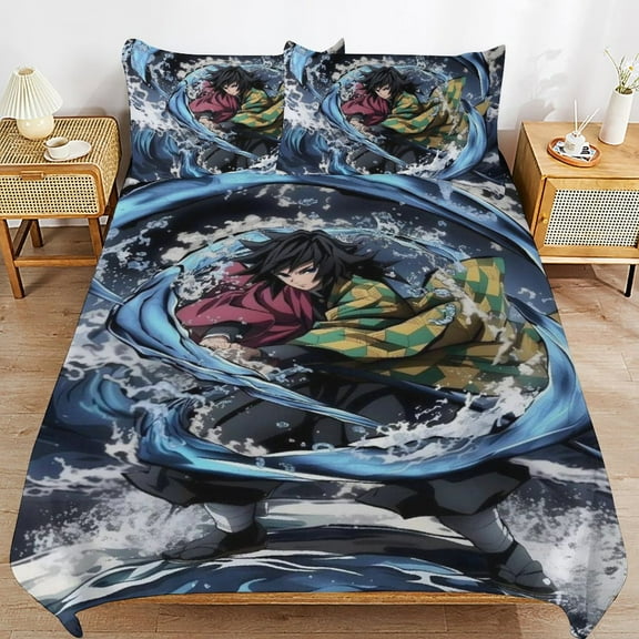 3 Piece Comfortable Bedding Set Demon Slayer Tomioka Giyuu Duvet Cover Twin Bed with 2 Pillowcase 86"x70"