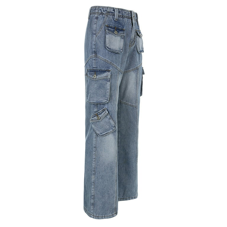 Sunisery Women Solid Color Casual Jeans Front Side Pockets Straight-Leg  Casual Long Pants Zipper Button Denim Trousers Streetwear 
