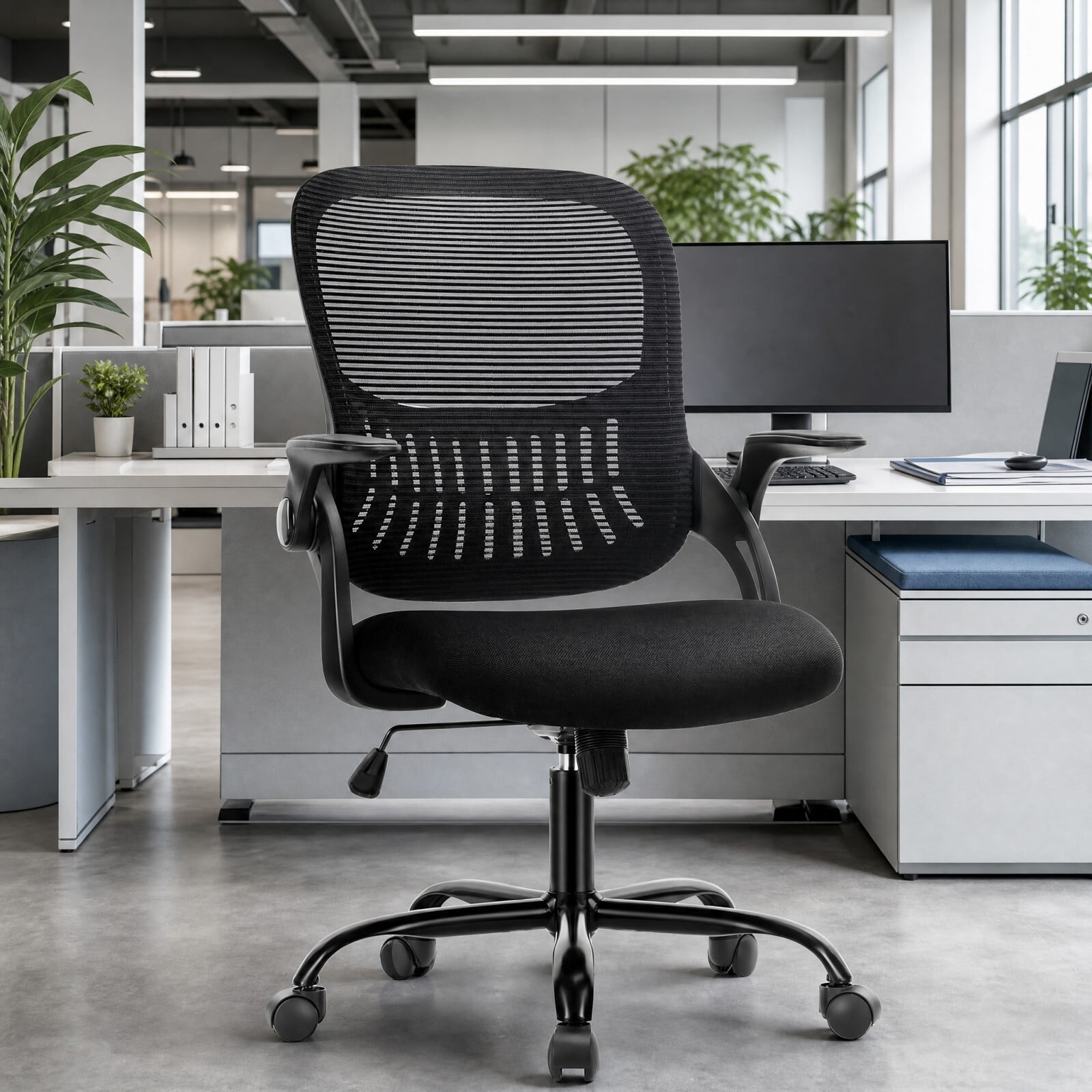 Kelno Ergonomic Mesh Office Chair Mid Back Desk Chair with Lumbar Support Flip-up Armrests Adjustable Height Swivel Task Chair, Black