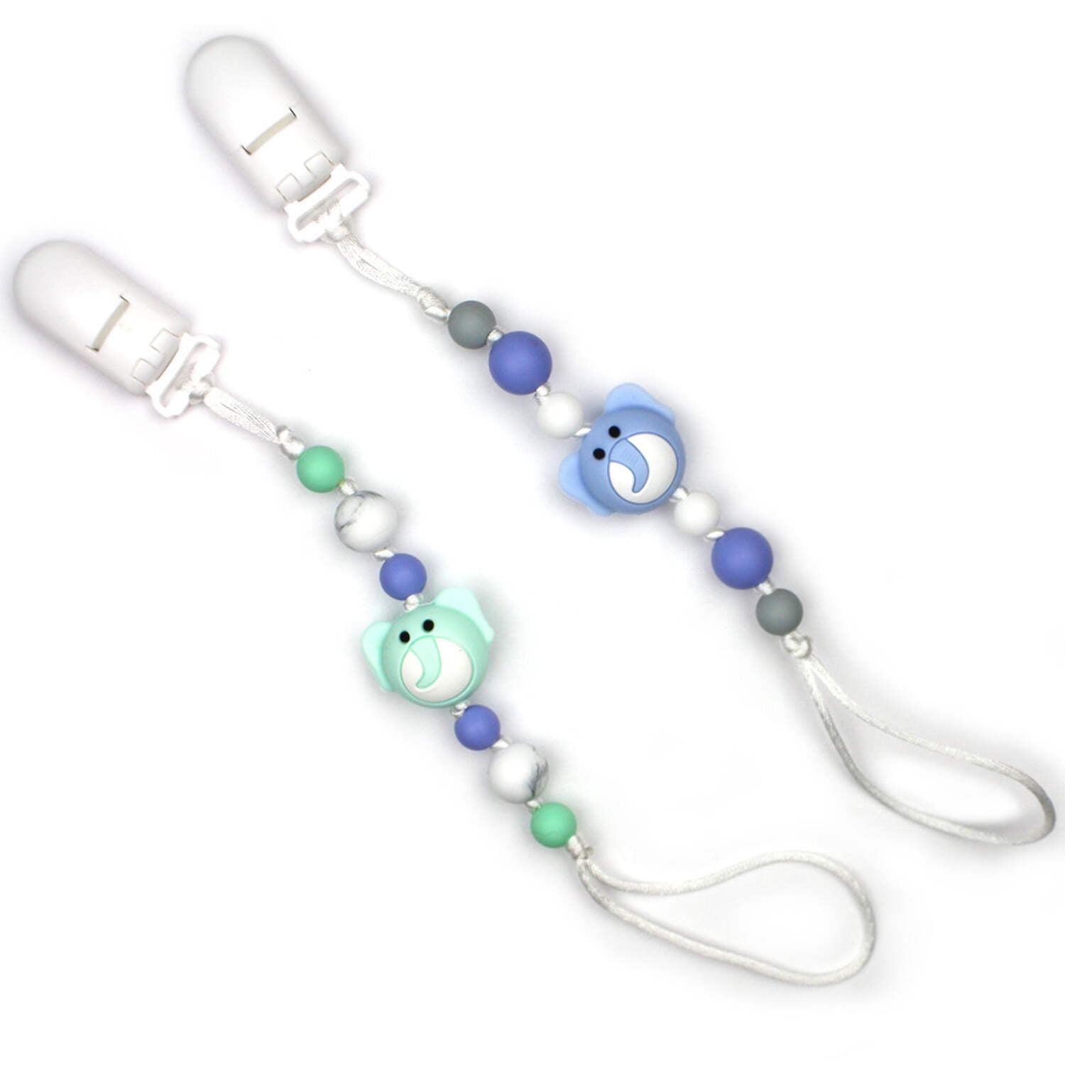 Blue & Green Elephants Silicone Pacifier Clip 2pk
