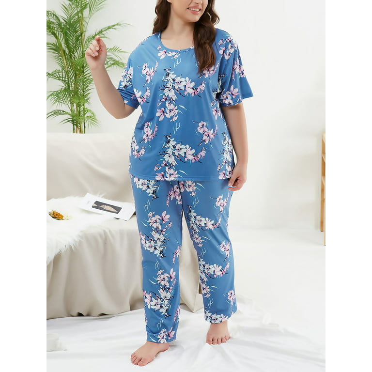DGAIYIO 2PS Women's Floral Print Plus Size Pajama Set Soft Short Sleeve Top  and Stretchy Pants Sleepwear 
