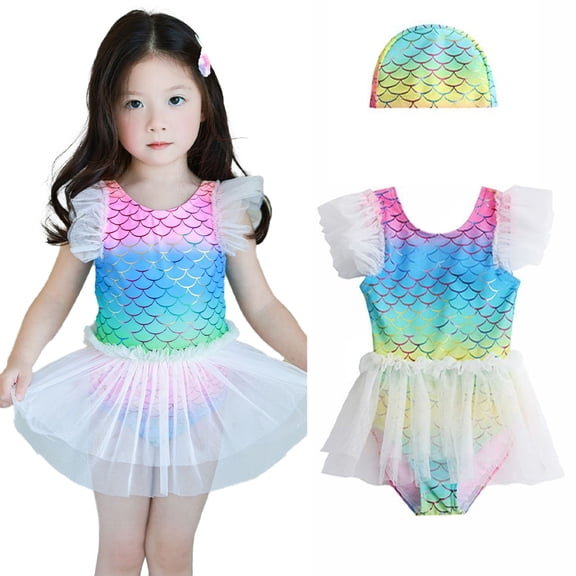 ‌LYMAYTER‌ Girls Toddler Swimsuit Sparkling One-Piece Beachwea Quick Dry Mesh Skirt Bathing Suit 6M-8Y