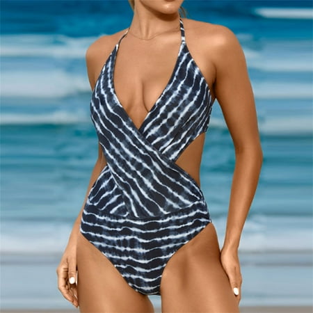 Jacenvly One Piece Swimsuits for Women Plus Size Clearance Fashion Sleeveless Leopard Print Halter Neck Surfing Swimwear Quick Drying Women S Bikini Striped Tie Printed Camisole Elastic Onepiece Navy