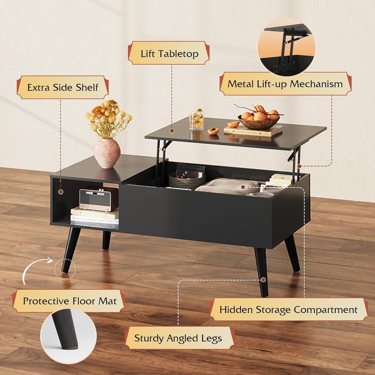 GALAXHERO Lift Top Coffee Table with Storage Small Living Room Table with Storage Shelf & Hidden Compartment Black