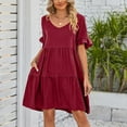thumbnail image 6 of Tumotour Doll Dress for women Summer Casual Pleated Flowy Swing Short Sleeve V Neck Mini Dress Solid Color Three-Layer Pleated Dress, 6 of 7