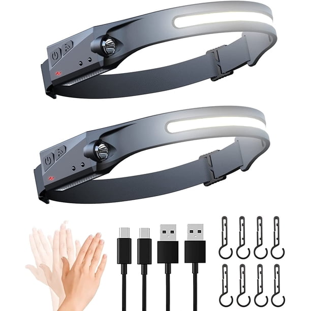 Linterna frontal LED recargable COB con sensor de movimiento, paquete de 2, resistente al agua, ligera, para correr, ciclismo, camping, pasear perros.