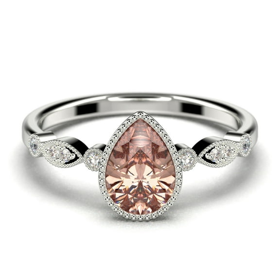 Dazzling Boho & hippiepie 1.25 Carat Pear Cut Morganite And Diamond Moissanite Engagement Ring Classic Wedding Ring in 925 Sterling Silver With 18k White Gold Plating, Birthday Gift, Promise Ring