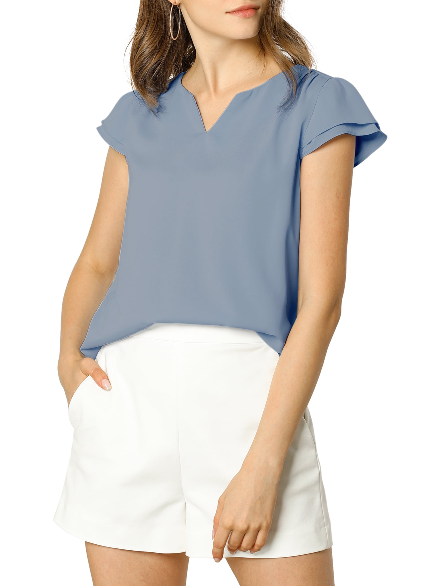 DARING DIVA Women's V Neck Casual Solid Cap Blouse Top L Dark Grey Blue