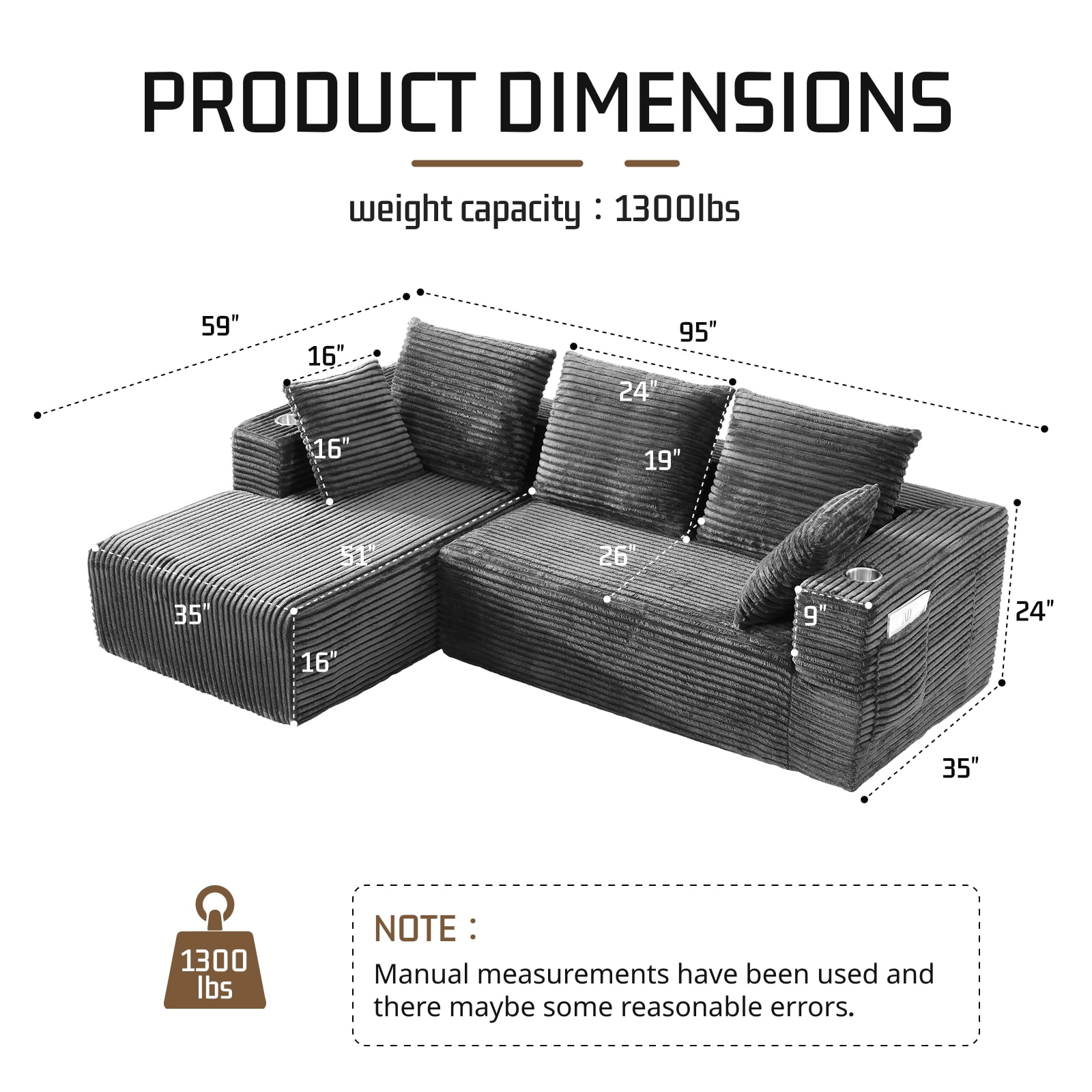 95'' Boneless L Shape Modular Sofa Couch with 4 Pillows and 2 Cup Holders