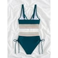 thumbnail image 4 of Women Tummy Control Swimsuits Color Block Two Piece Drawstring Bathing Suit Peacock Blue L, 4 of 7
