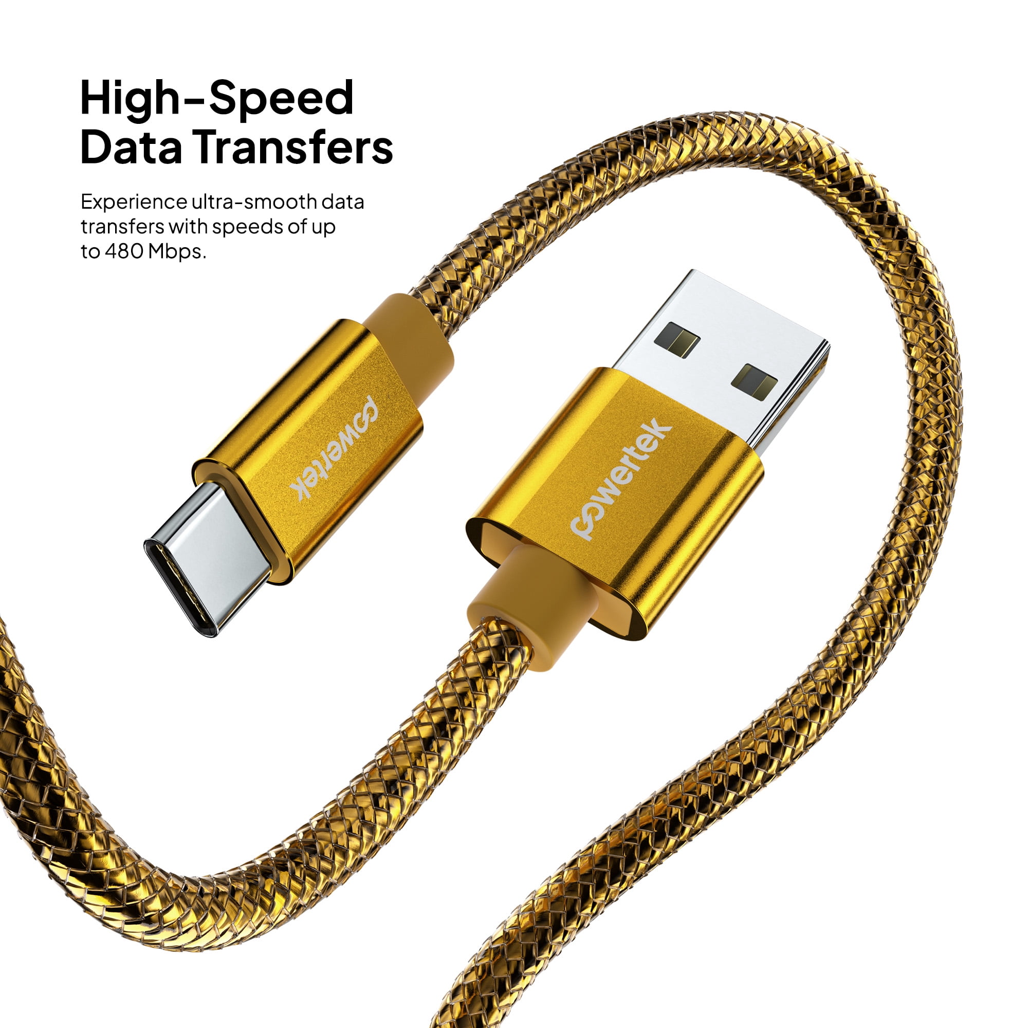 Powertek Luxe 6ft USB-A to USB-C Cable, Gold, Fast Charge & Sync, Metallic Mesh PVC Jacket, Durable Tangle-Free Design