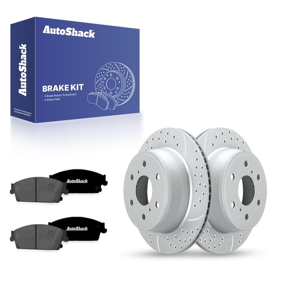 AutoShack Rear Brake Rotors & Premium Pads for Chevrolet, Silverado 1500 2007-2013 - Coated Drilled & Slotted - Silver Matte Finish - TurboGuard - 13.57" (344.8 mm), 6-Lug