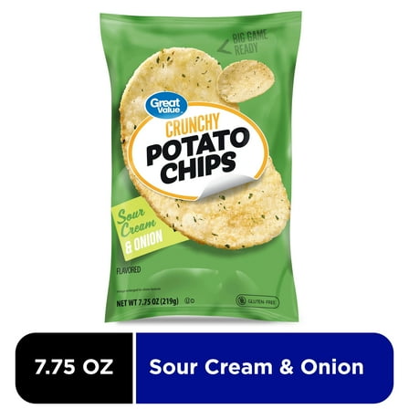 Great Value Sour Cream & Onion Flavored Potato Chips, 7.75 oz Bag