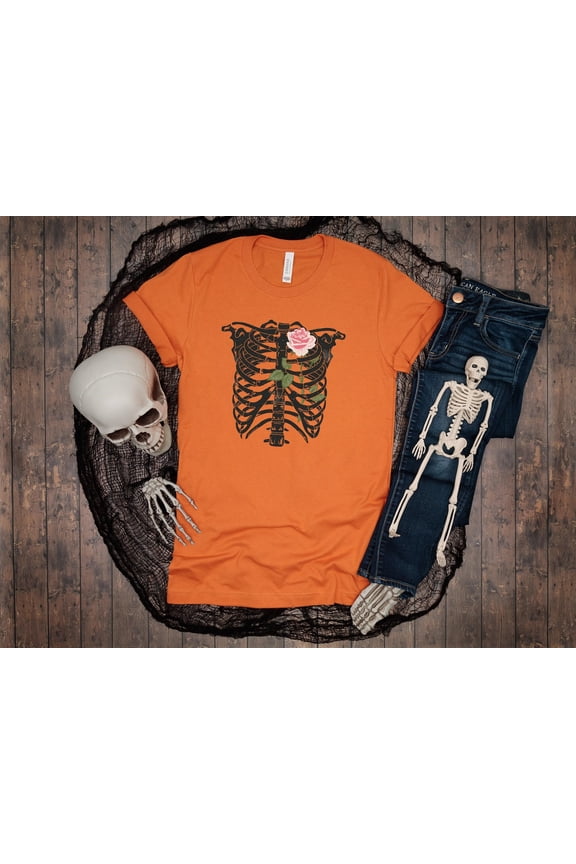 Skeleton Rib Tee Halloween Shirt Spooky Casual Wear Soft Preshrunk Cotton EcoFriendly Prin