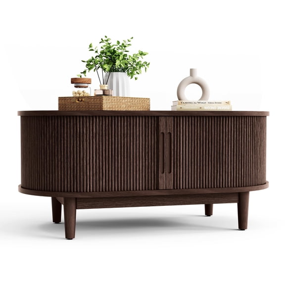 Oval Coffee Table, Wood Coffee Table with Storage, Fluted Accent Center Table with Sliding Tambour Door, 39" Mid Century Modern Coffee Tables for Living Room, Bedroom, Apartment, Walnut