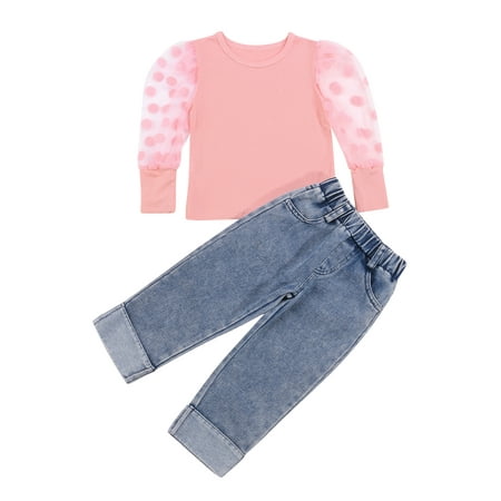 

Sunisery Toddler Baby Girls Long Sleeves Mesh Knit Stitching Tops High Waist Denim Pants 2pcs Autumn Outfits Set Pink 5-6 Years