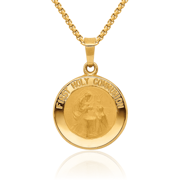 14K Solid Yellow Gold First Holy Communion Medal Necklace Chain Pendant Charm