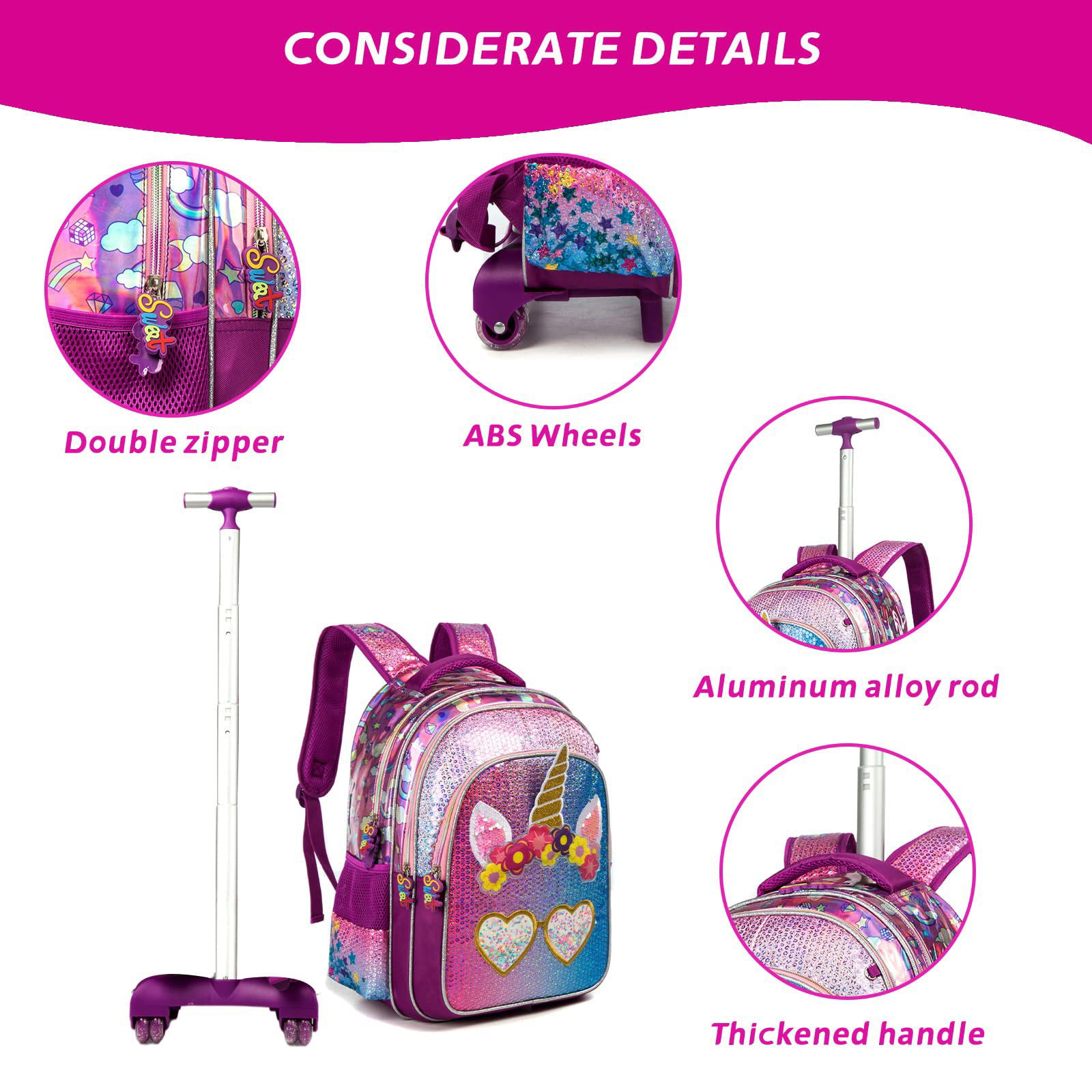 lvyH Women Girls 3 in 1 Rolling Backpack Sequins Backpacks with Lunch  Pencil Bag Crossbody Durable Bookbag Daypack Travel School 