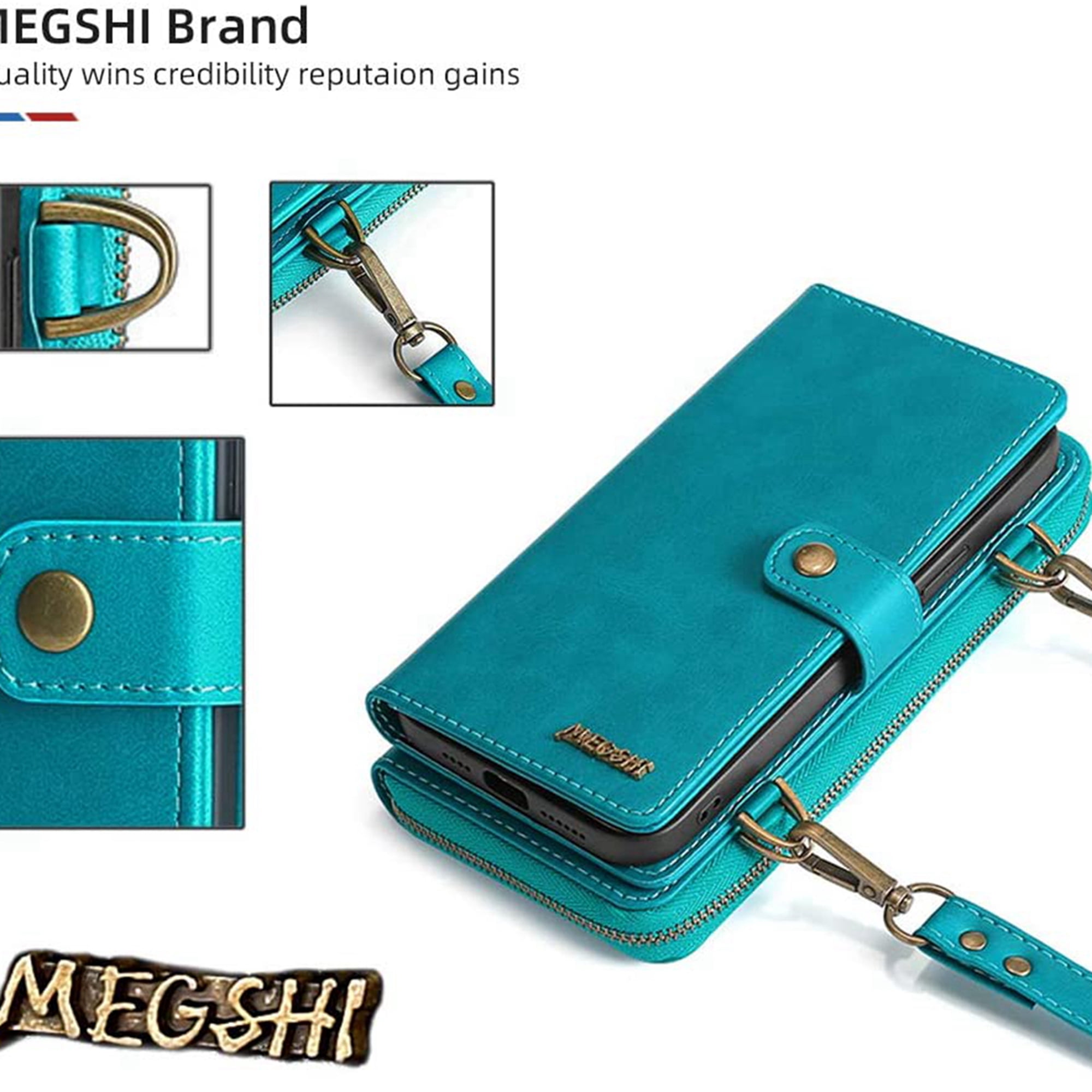 Dteck Wallet Case for iPhone 12 Pro / iPhone 12 6.1-inch, 2 in 1 Magnetic Detachable Wallet Purse [Crossbody Chain] Durable PU Leather Zipper Handbag Folio Flip Card Slot Protection Back Cover, Blue
