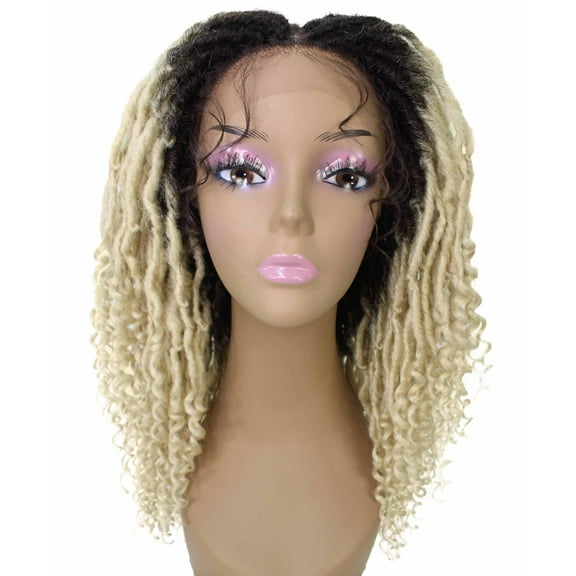 LUXLUXE Angel Curly Locs 20 in Long 4X4 Hand Tied Lace Braid Braided Wig, Beauty Heat Resistant Fiber, Black to Blonde Ombre