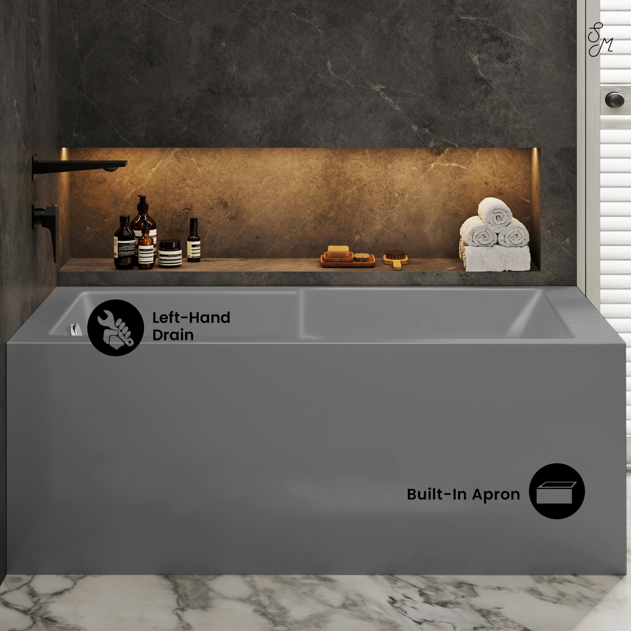 Claire 60 x 32 Left Drain Soaking Alcove Corner Apron Bathtub in Glossy Gray