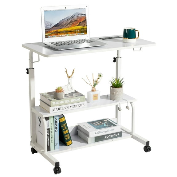 KAAYEE Height Adjustable Standing Desk with Power Outlets,32" Manual Stand Up Desk with Storage Shelves,Portable Rolling Computer Desk for Home Office,White