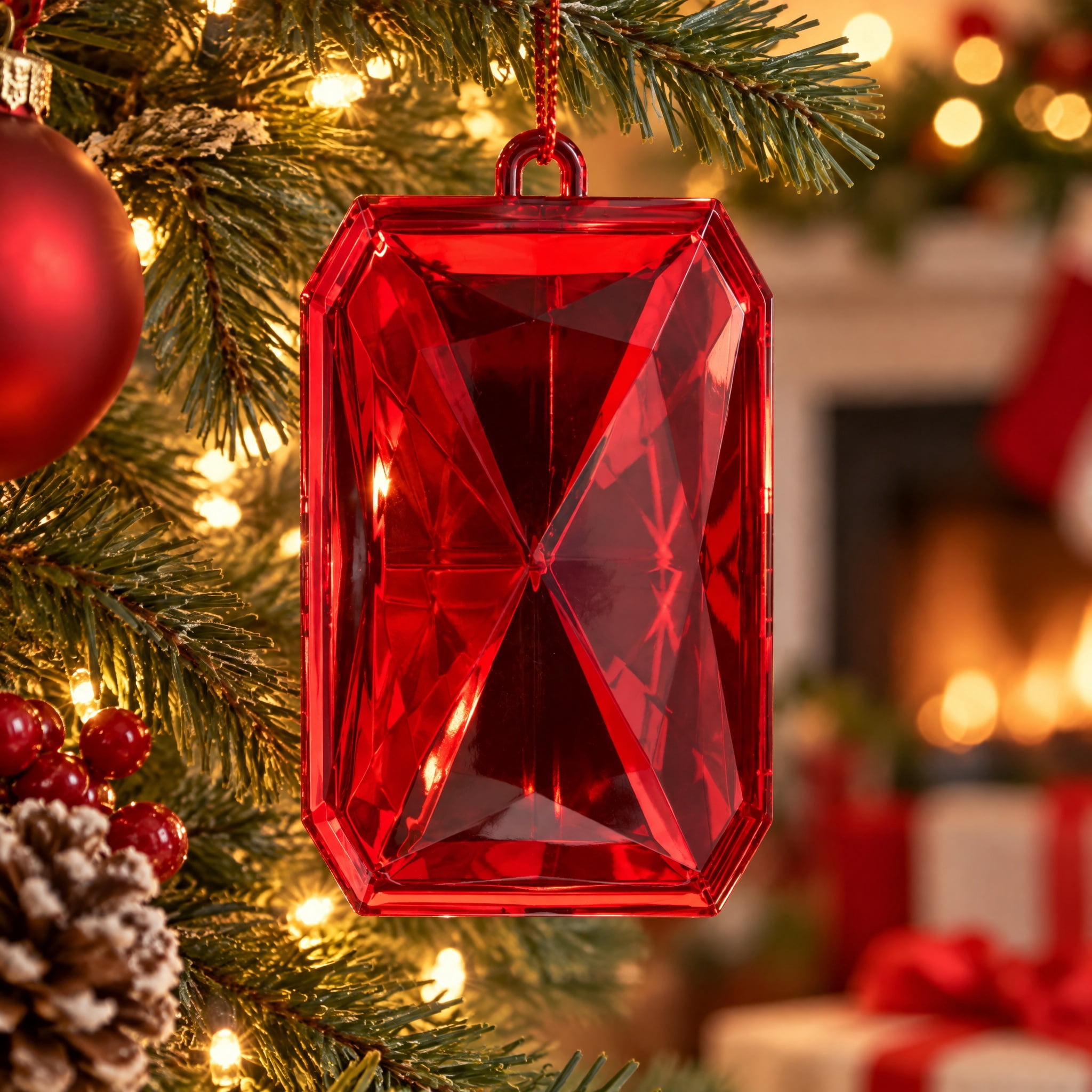 Red Rectangle Gem Christmas Ornament, 4.5", by Holiday Time