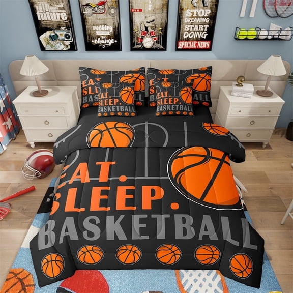 Erosebridal Basketball Queen Comforter Set, Sports Bedding Sets Teen Sport Game Ball Theme Bed in a Bag, 7 Pcs Black Orange