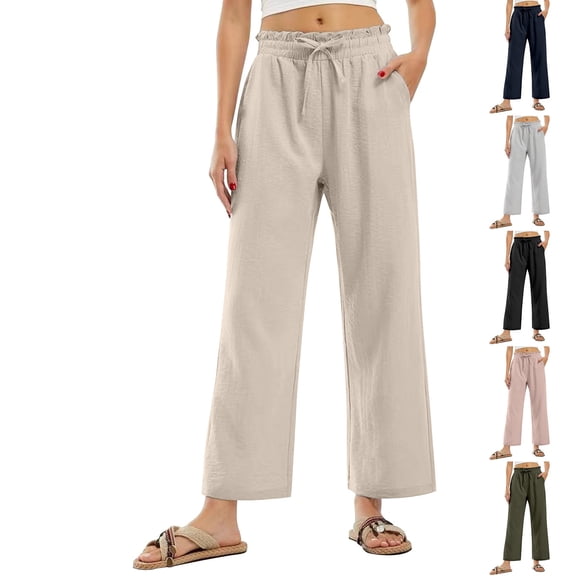 Delayuji Womens Linen Pant Loose Stretch Pleated High Waisted Straight Leg Pants Relaxed Fit Casual Pant Daily Wear