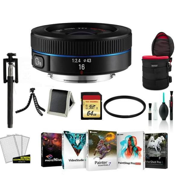 Samsung 16mm F/2.4 Compact i-Function Wide Lens for Samsung NX Cameras (EX-W16ANB)- Bundle with 64GB Memory Card, Carrying Case, Corel Photo-Video-Art Suite + More
