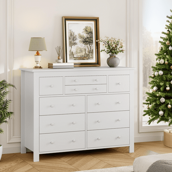 Luku Modern 10 Drawer Dresser, Large Wooden Chest with White/Black Wood Grain, Storage Organizer for Bedroom, Living Room, Hallway, Entryway