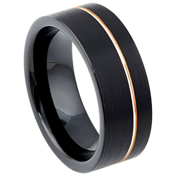 Black Plated Tungsten Off Center Rose Gold-Tone Groove Band Ring Size 12.5