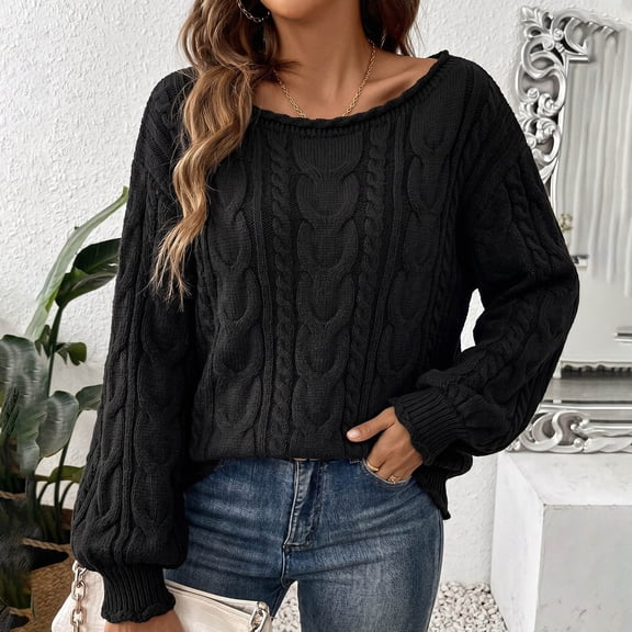 Snorda Sweaters for Women Roll Crew Neck Cable Knit Sweater Long Sleeve Loose Solid Pullover Thick Soft Textured Casual Vintage Sweaters for Fall Winter Warm Wear