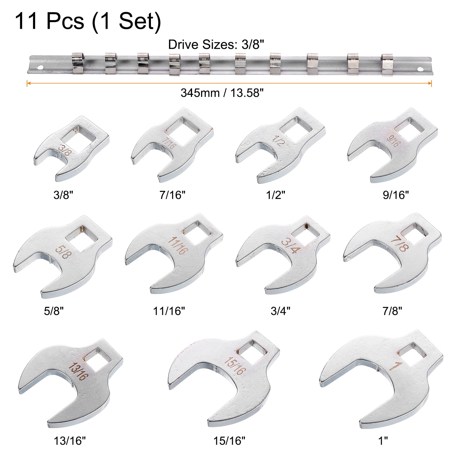 Uxcell 11 Pieces Drive Crowfoot Wrench Set 3/8" - 1" Drive Fractional Crowfoot Wrench with Clip-on Organizer