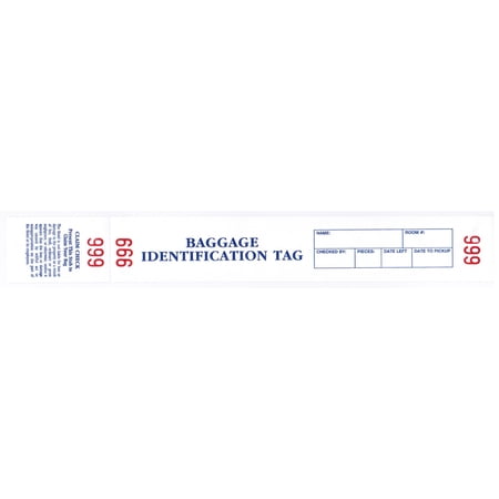 BAGGAGE IDENTIFICATION TAG w Claim Check, White Cohesive Stock, Printed in Blue, Red Numbering 000-999, 1-1/2" x 11" - Box of 1,000