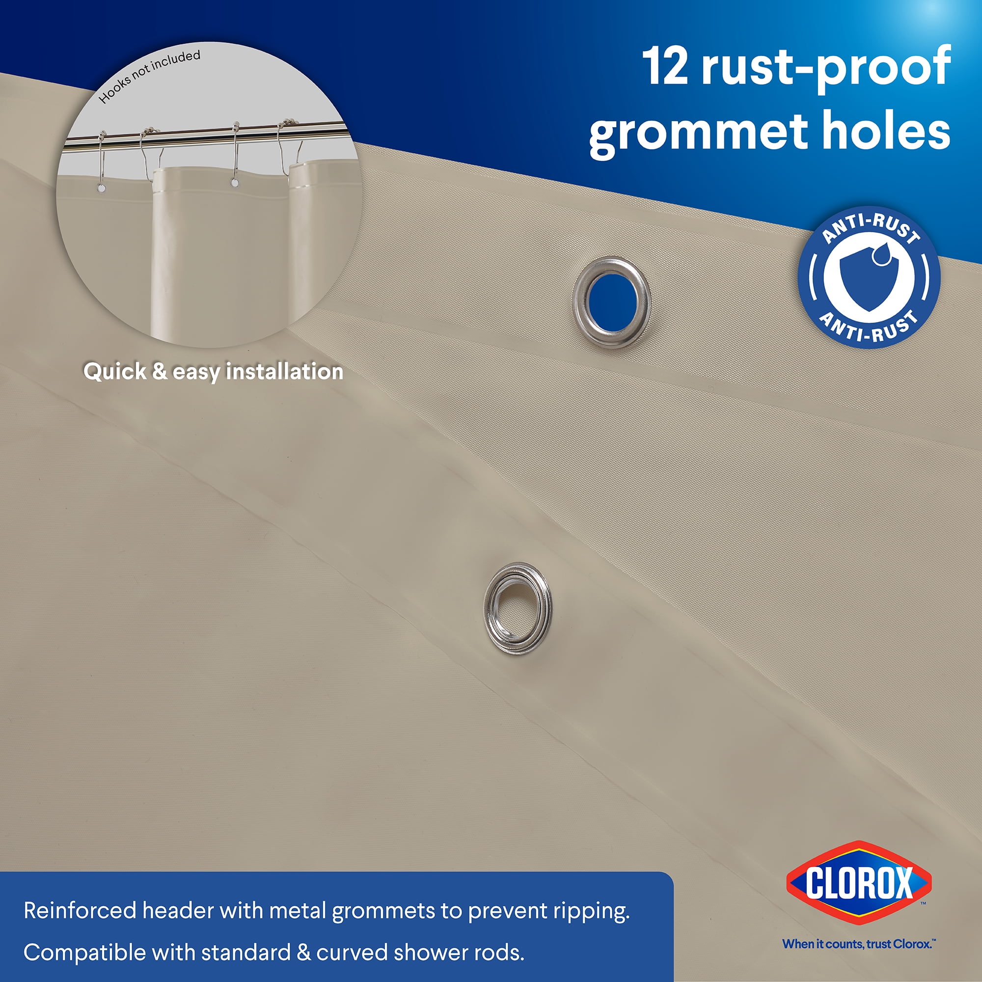 Clorox Shower Curtain Liner Heavyweight Waterproof PEVA with Metal Grommets 72" x 72" Beige
