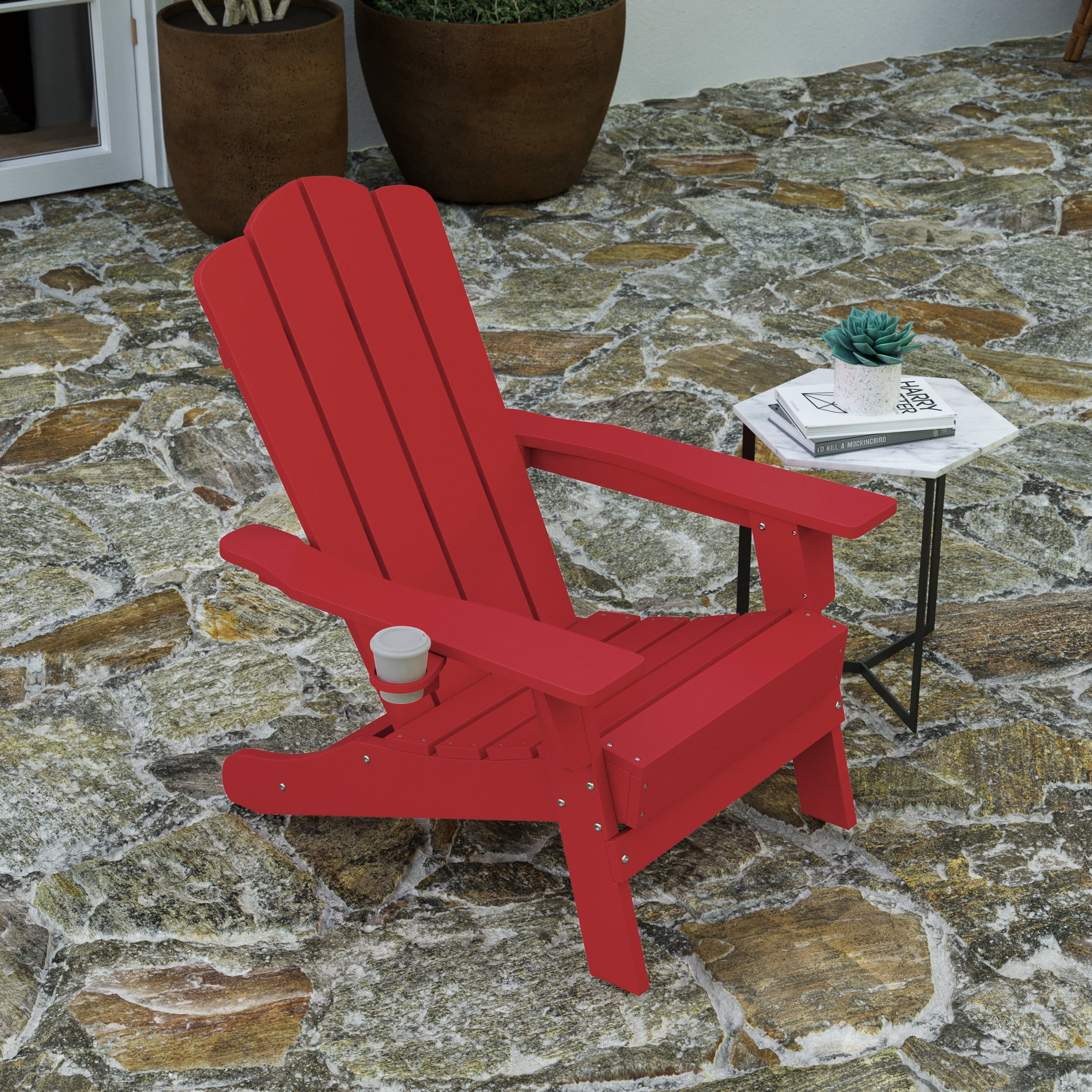 Merrick Lane Adirondack Chair with Cup Holder, Weather Resistant HDPE Adirondack Chair in Red, Set of 4
