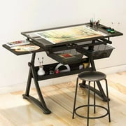 Glass Drafting Table Art Desk – Adjustable Professhional Artwork Drawing Drafting Table Desk, Glass-Topped Art Table for Craft Station Studio– Black