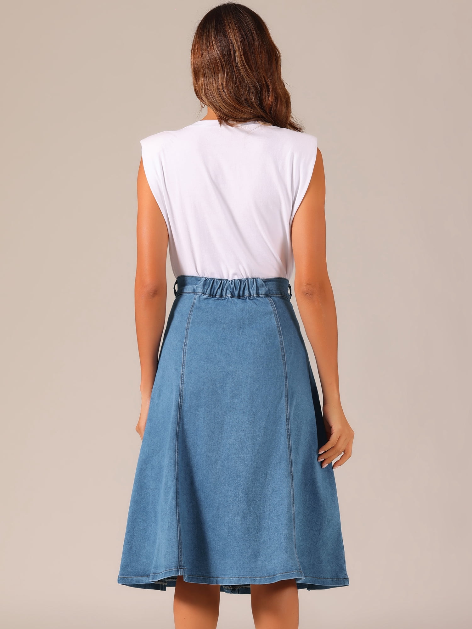 DARING DIVA Women's Buttons Front A-Line Flowy Midi Skirts with Pocket XL Light Blue