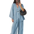 thumbnail image 2 of tasrioml Women's Cotton Linen Two Piece Outfit Long Sleeve V Neck Button Top Wide Leg Pants Casual Loungewear Set, 2 of 7