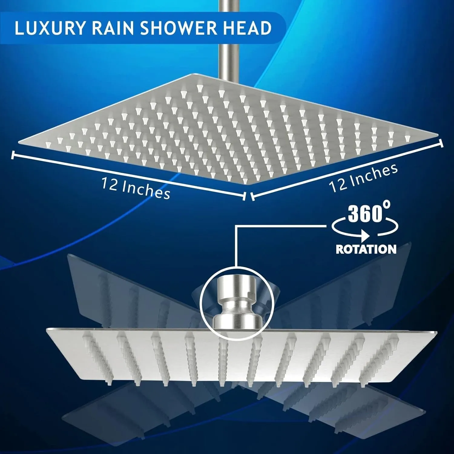Zovajonia  12" Square Stainless Steel Rain Shower Head Large Brushed Nickel High Pressure