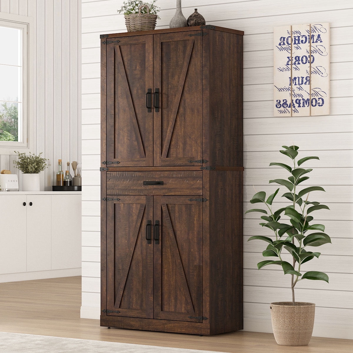 72" Tall Kitchen Pantry, Farmhouse Pantry Cabinet with 1 Drawer & 4 Layer Adjustable Shelves, Rustic Wood Storage Cupboard with Metal Load-Bearing Pipe for Kitchen Bathroom Living Room Hallway