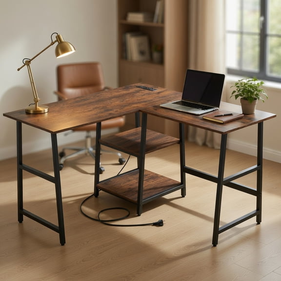 Resenkos L Shaped Corner Computer Desk with Storage Shelves-Brown, Home Office Desks, Gaming Computer Desks for Study,Working,Writing