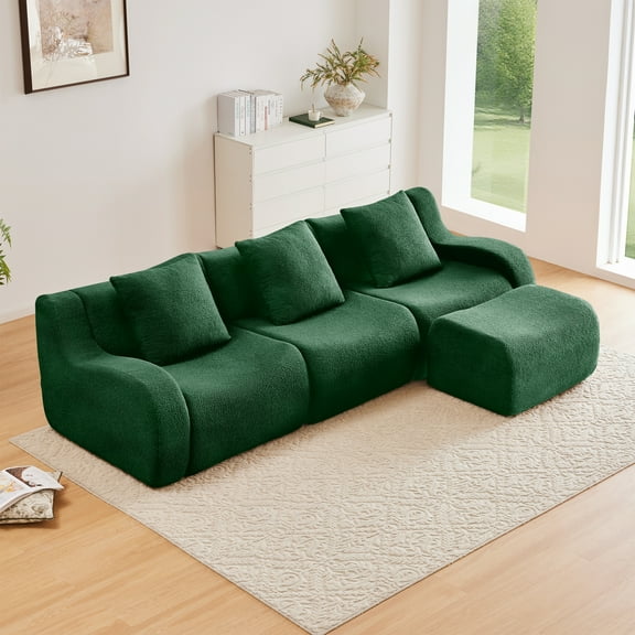 3-Seat Boneless Modular Sofa | Premium Green Teddy Fabric, No Assembly, Anti-Slip, Ergonomic Curved Design with 32D High-Density Sponge for Living Rooms & Bedrooms