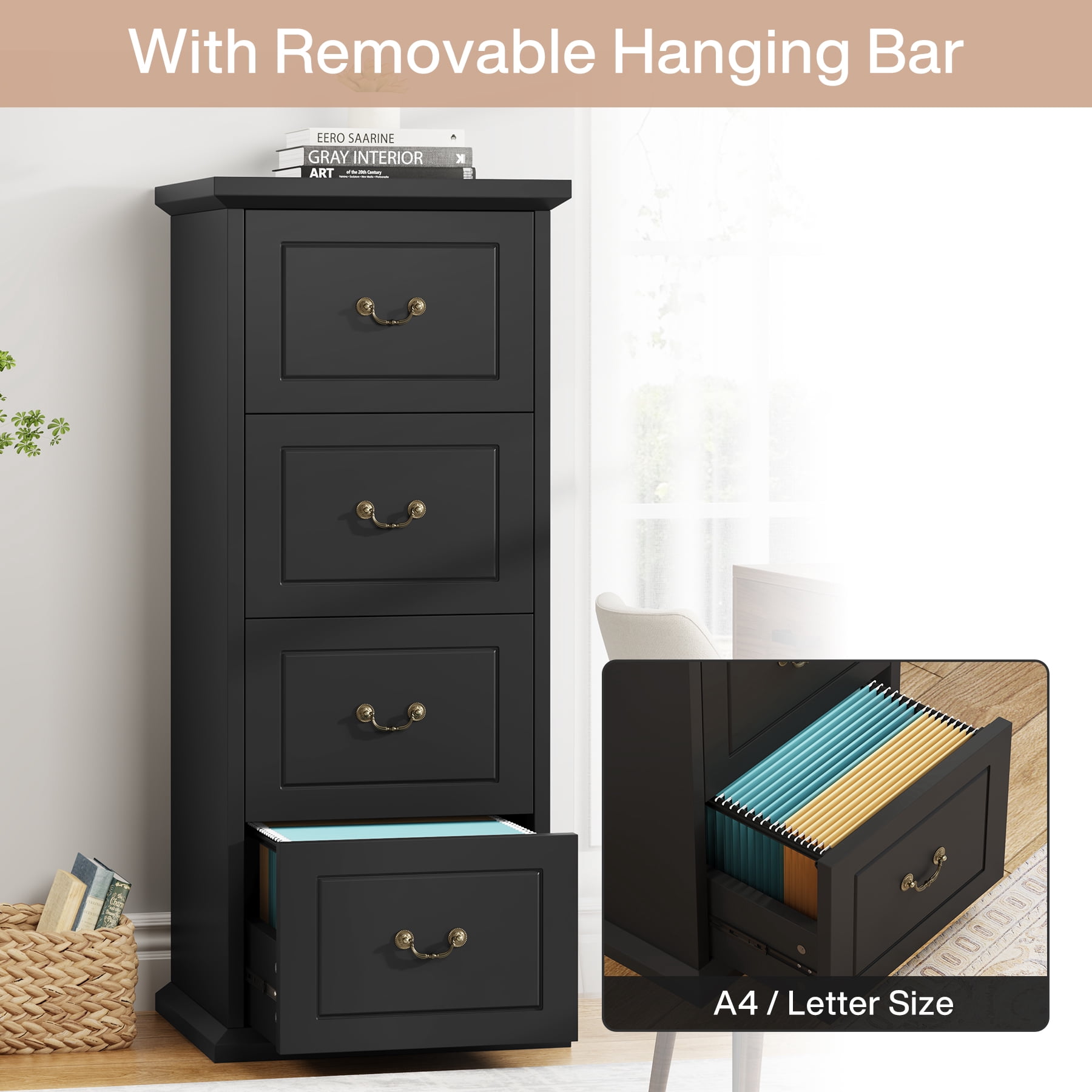 Fnova 4-Drawer File Cabinet, Tall Wood Filing Cabinet for A4/Letter Size, Large Office Drawer Chest, Rustic Storage Organizer Unit for Home Office, Black