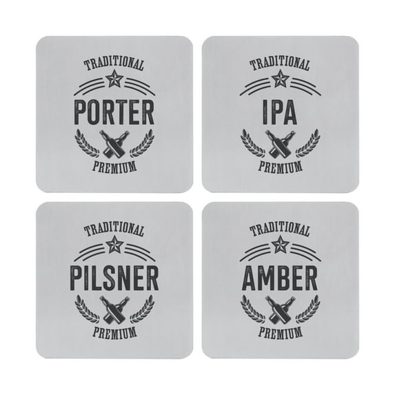 Supreme Stainless Steel 4-Piece Square Coasters with Non-Slip EVA Backing (Beer)