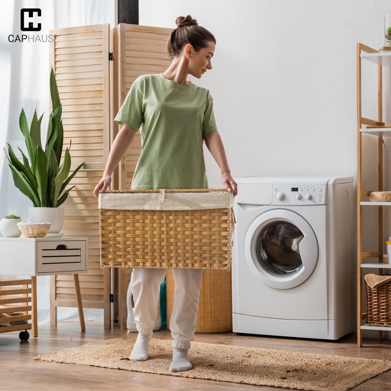 CAPHAUS Handwoven Storage Basket w/ Lid and Handles, 2 Removable Liner Bags, Foldable Clothes Hamper for Laundry, Large Synthetic Rattan Laundry Hamper w/ Lid, Laundry Basket w/ Lid, 65L, Natural