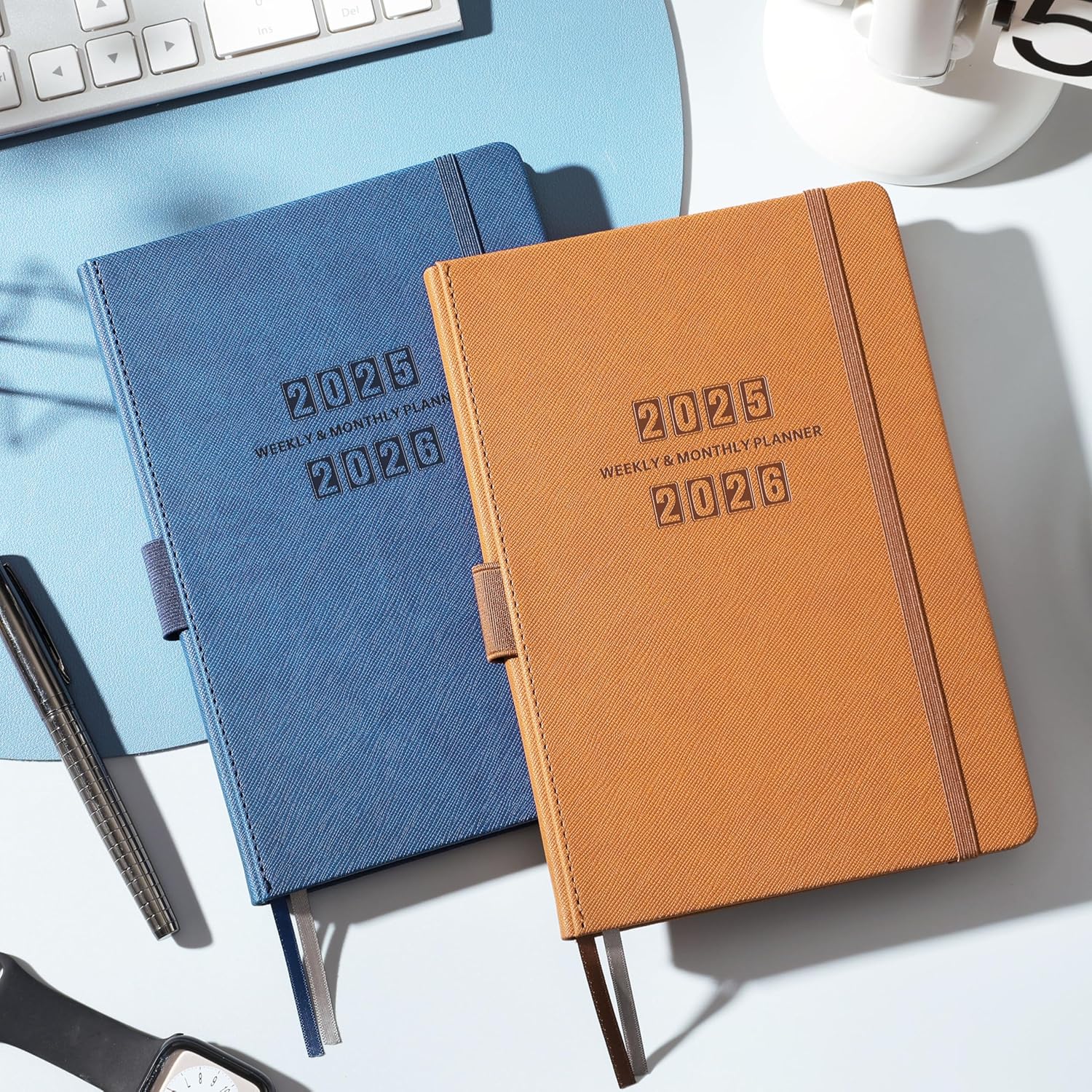 Planner 2025-2026 - Academic Planner 2025-2026, Jul. 2025 - Jun. 2026, 12-Months Weekly and Monthly, 5.75" x 8.25", Saffiano Leather with Thick Paper, Back Pocket with 40 Notes Pages - Navy Blue