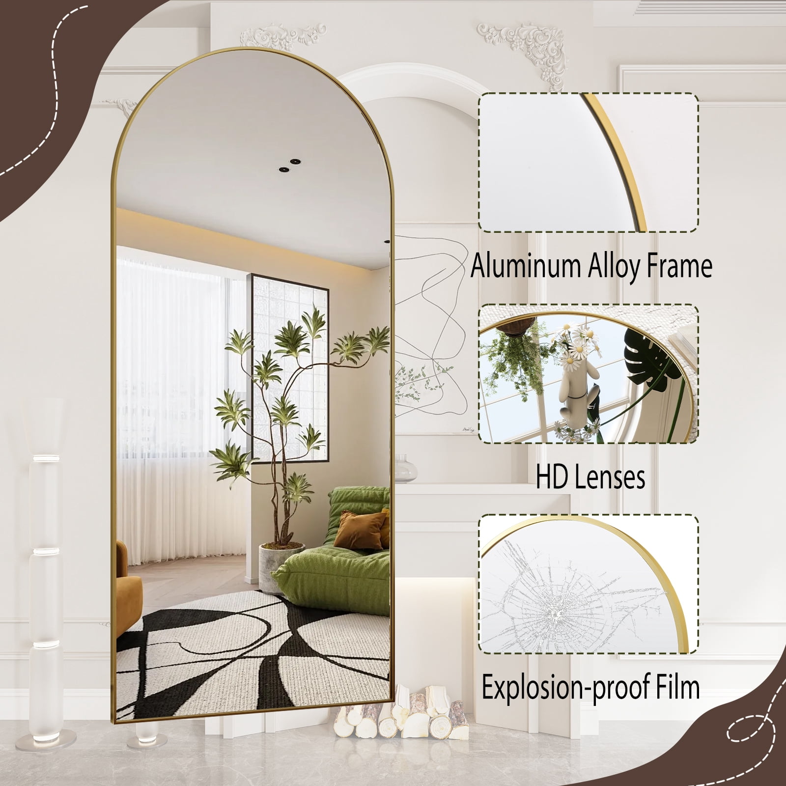 Anyrose 71" x 30" Arched Full Length Mirror Dressing Floor Mirror With A,Gold